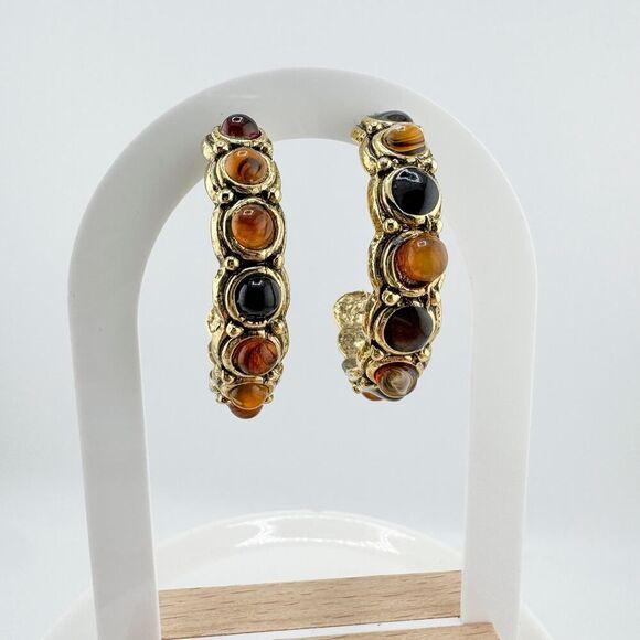 Vintage Cabochon Hoop Earrings Modernist Statement Retro Glam Brown Black - Picture 1 of 6